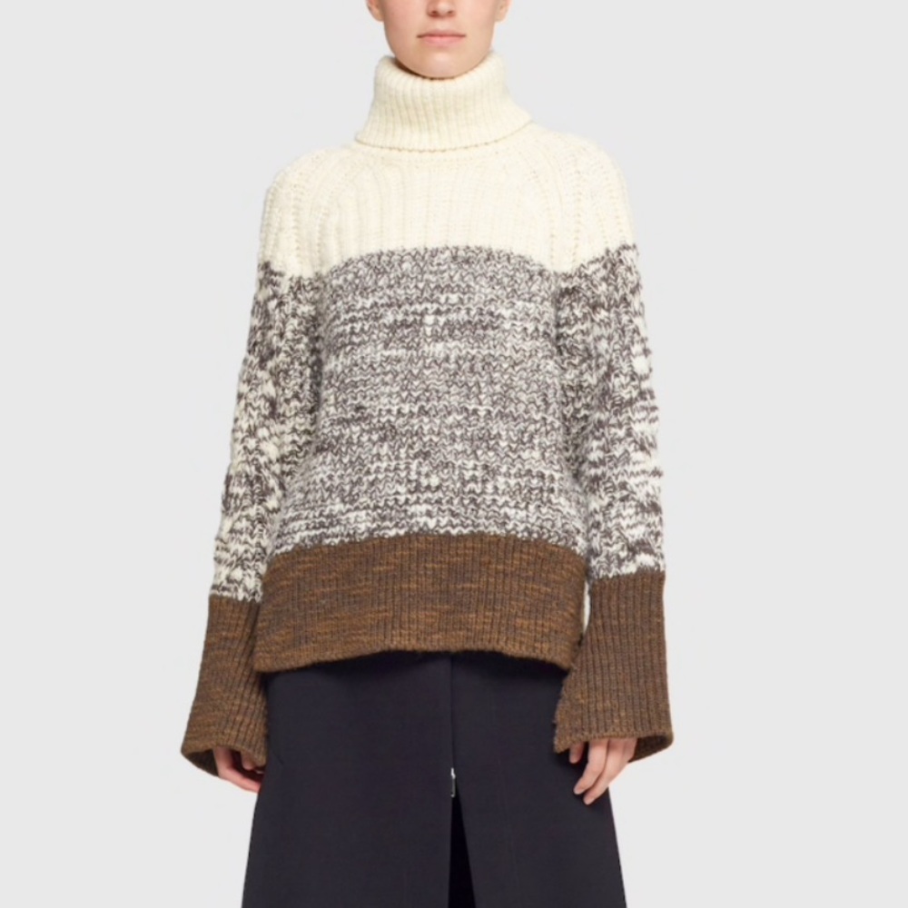 Phillip Lim chunky knit wool turtleneck side slit colorblock sweater